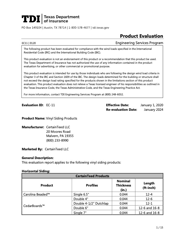 Texas Department of Insurance Product Evaluation